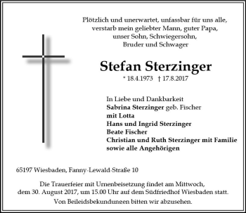 Traueranzeige von Stefan Sterzinger von Trauerportal Rhein Main Presse