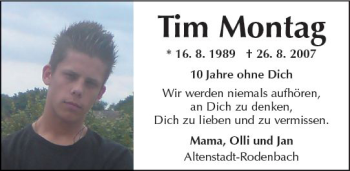 Traueranzeige von Tim Montag von  Kreisanzeiger