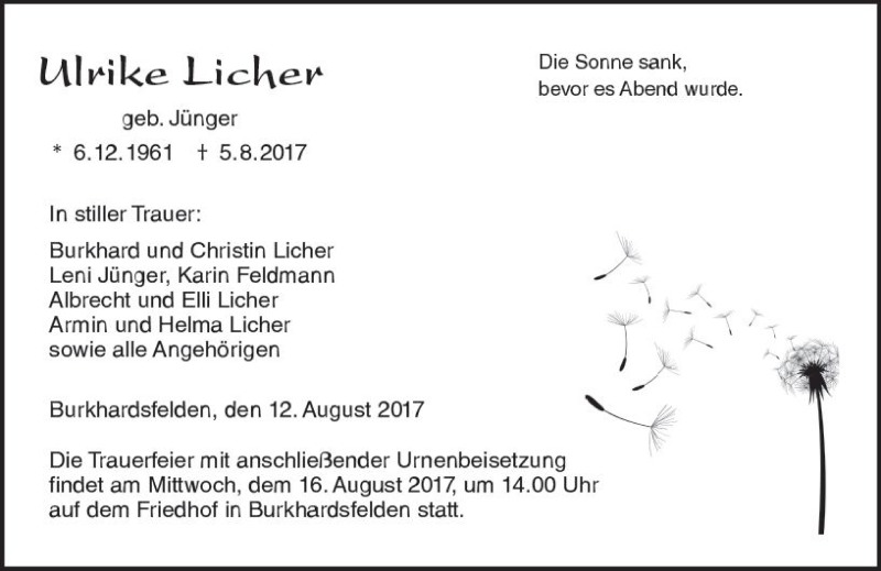  Traueranzeige für Ulrike Licher vom 12.08.2017 aus  Gießener Anzeiger