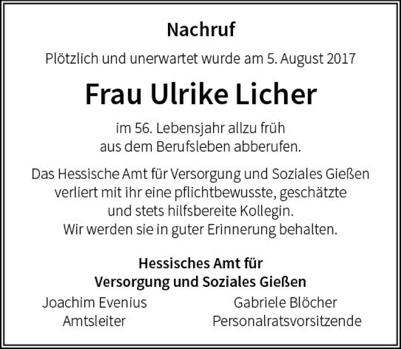  Traueranzeige für Ulrike Licher vom 12.08.2017 aus  Gießener Anzeiger