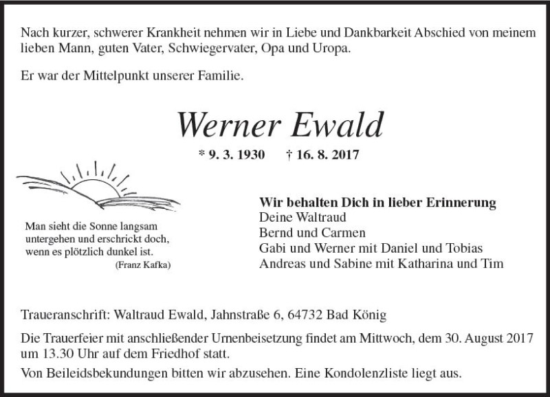  Traueranzeige für Werner Ewald vom 26.08.2017 aus Trauerportal Echo Online