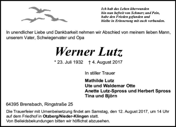 Traueranzeige von Werner Lutz von Trauerportal Echo Online