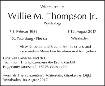 Traueranzeige von Willie M. Thompson von Trauerportal Rhein Main Presse