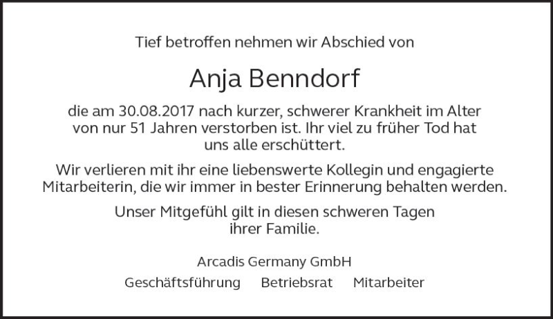  Traueranzeige für Anja Benndorf vom 02.09.2017 aus Trauerportal Echo Online