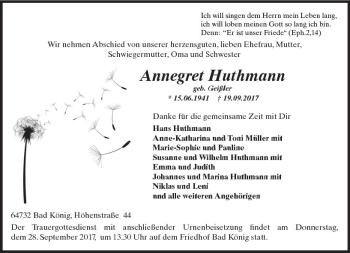 Traueranzeige von Annegret Huthmann von VRM Trauer