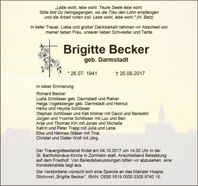  Traueranzeige für Brigitte Becker vom 30.09.2017 aus Trauerportal Rhein Main Presse
