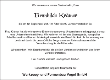 Traueranzeige von Brunhilde Krämer von Trauerportal Echo Online