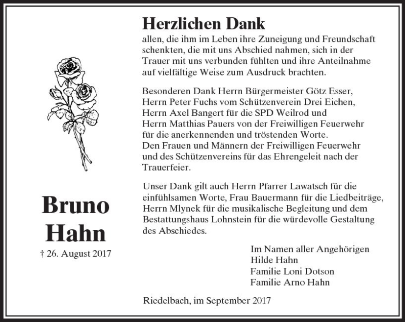  Traueranzeige für Bruno Hahn vom 23.09.2017 aus  Usinger Anzeiger