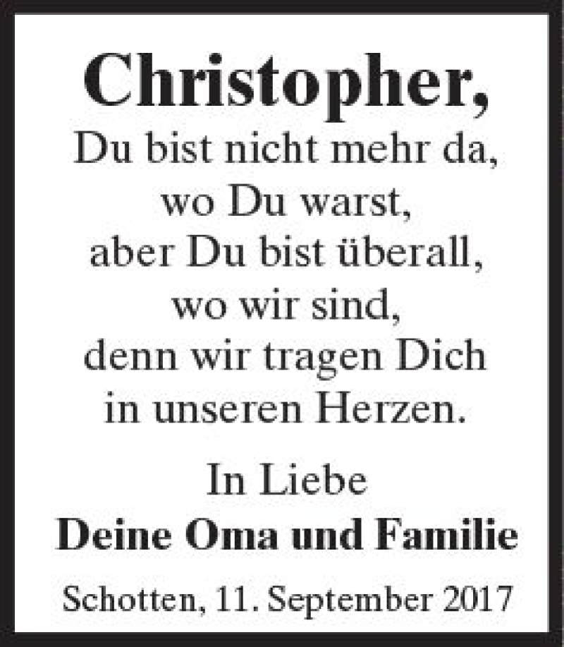  Traueranzeige für Christopher  vom 11.09.2017 aus  Kreisanzeiger
