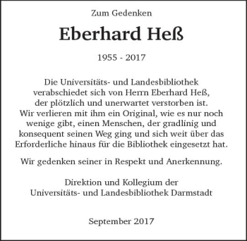 Traueranzeige von Eberhard Heß von Trauerportal Echo Online