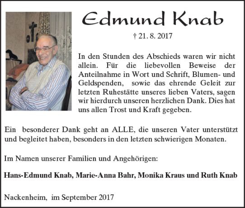  Traueranzeige für Edmund Knab vom 23.09.2017 aus Trauerportal Rhein Main Presse