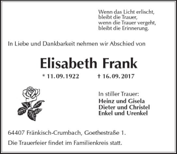 Traueranzeige von Elisabeth Frank von Trauerportal Echo Online