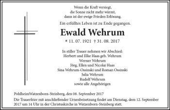 Traueranzeige von Ewald Wehrum von  Gießener Anzeiger