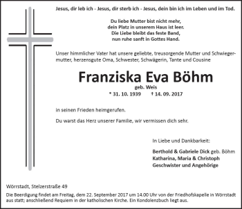 Traueranzeige von Franziska Eva Böhm von Trauerportal Rhein Main Presse