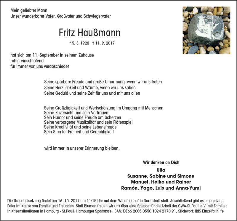  Traueranzeige für Fritz Haußmann vom 20.09.2017 aus Trauerportal Echo Online