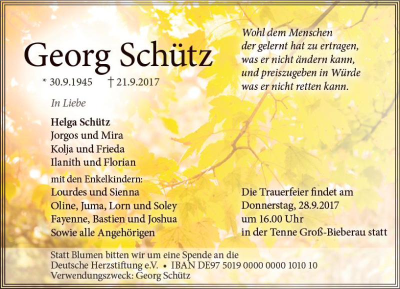  Traueranzeige für Georg Schütz vom 23.09.2017 aus Trauerportal Echo Online