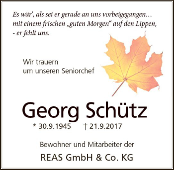 Traueranzeige von Georg Schütz von Trauerportal Echo Online