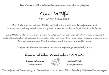 Traueranzeige von Gerd Wölfel von Trauerportal Rhein Main Presse