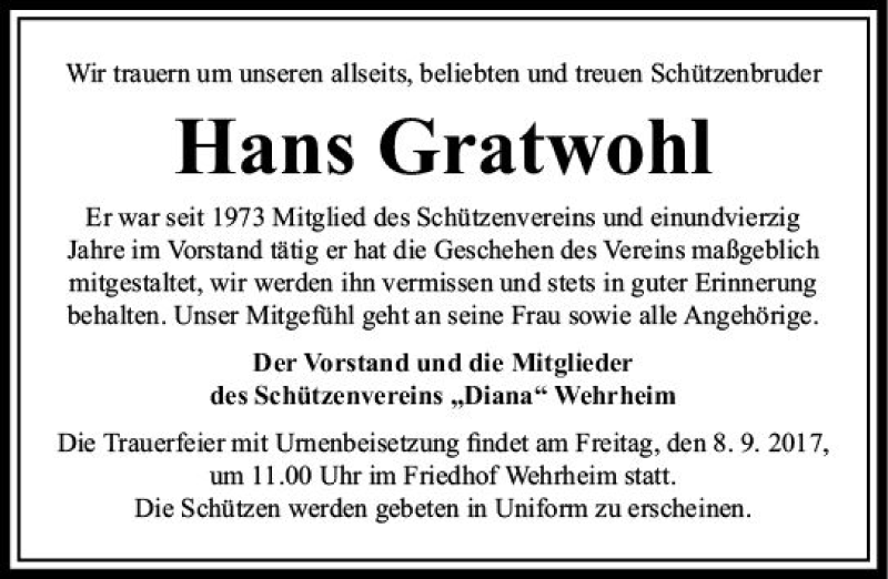  Traueranzeige für Hans Gratwohl vom 02.09.2017 aus  Usinger Anzeiger