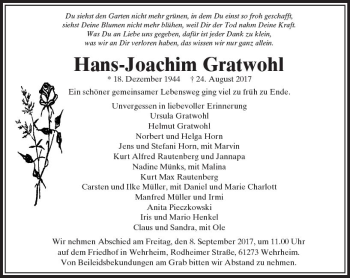 Traueranzeige von Hans-Joachim Gratwohl von  Usinger Anzeiger