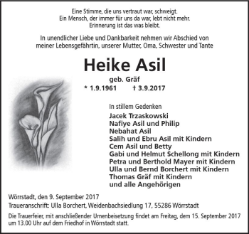 Traueranzeige von Heike Asil von Trauerportal Rhein Main Presse