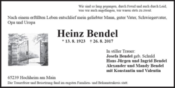 Traueranzeige von Heinz Bendel von Trauerportal Rhein Main Presse