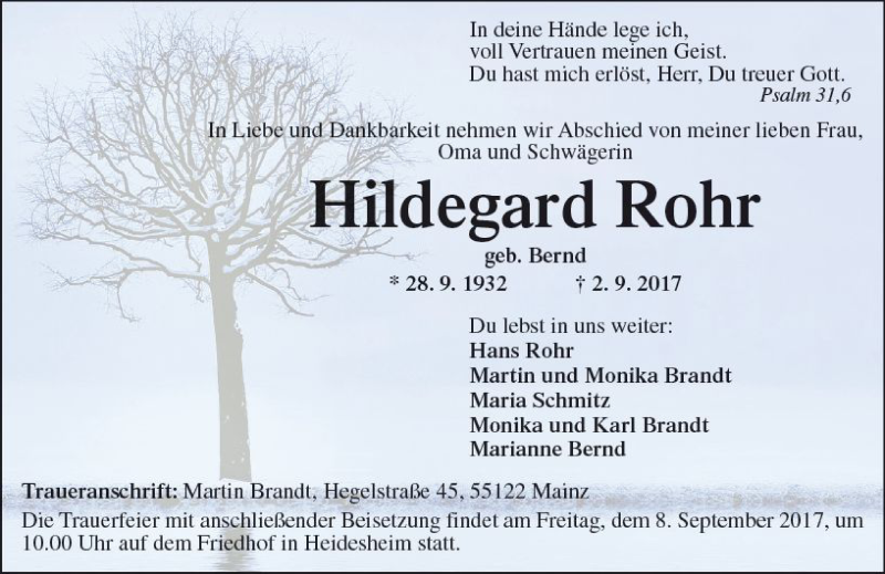  Traueranzeige für Hildegard Rohr vom 05.09.2017 aus Trauerportal Rhein Main Presse