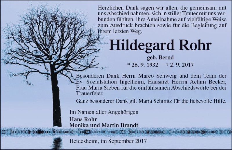  Traueranzeige für Hildegard Rohr vom 23.09.2017 aus Trauerportal Rhein Main Presse