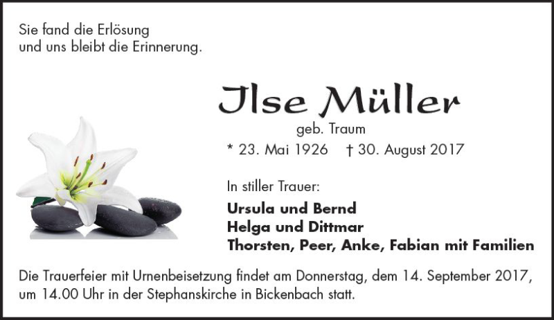  Traueranzeige für Ilse Müller vom 06.09.2017 aus Trauerportal Echo Online