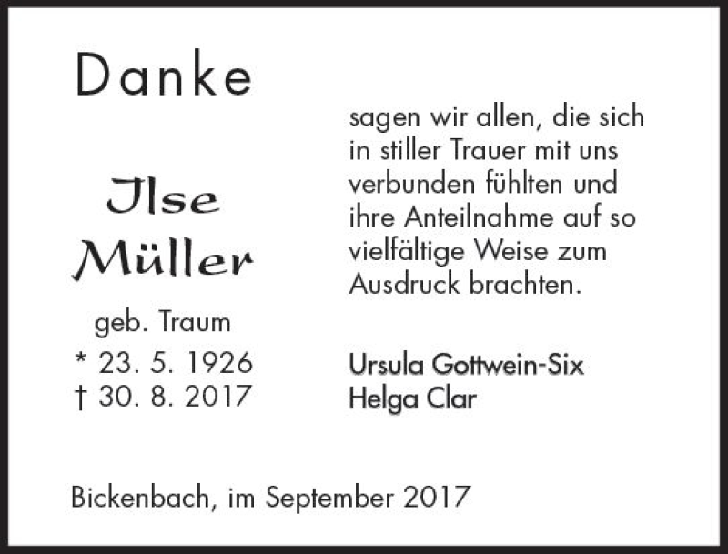  Traueranzeige für Ilse Müller vom 30.09.2017 aus Trauerportal Echo Online