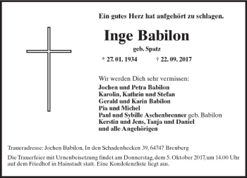 Traueranzeige von Inge Babilon von Trauerportal Echo Online
