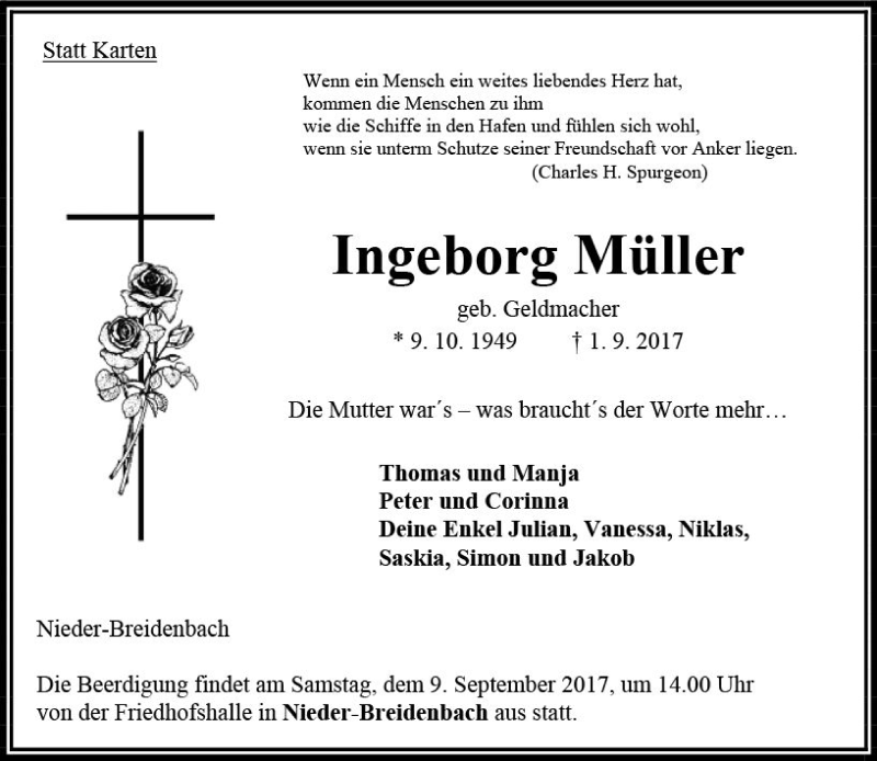  Traueranzeige für Ingeborg Müller vom 06.09.2017 aus VRM Trauer