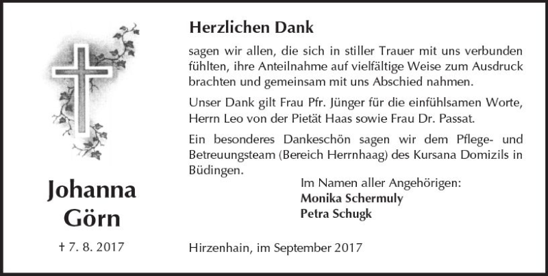  Traueranzeige für Johanna Görn vom 23.09.2017 aus  Kreisanzeiger