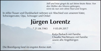 Traueranzeige von Jürgen Loren von Trauerportal Echo Online