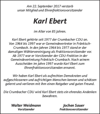 Traueranzeige von Karl Ebert von Trauerportal Echo Online