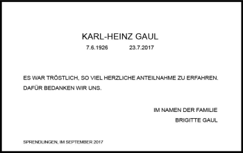 Traueranzeige von Karl-Heinz Gaul von Trauerportal Rhein Main Presse
