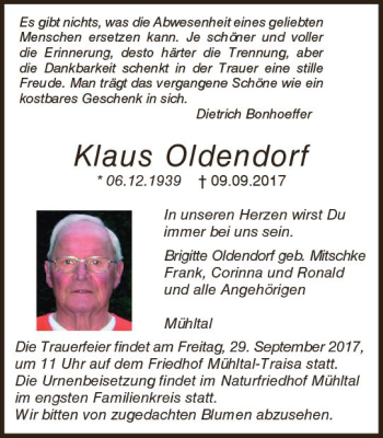 Traueranzeige von Klaus Oldendorf von Trauerportal Echo Online