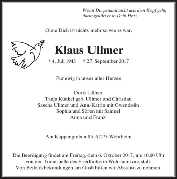 Traueranzeige von Klaus Ullmer von  Usinger Anzeiger