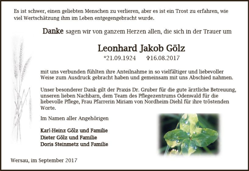  Traueranzeige für Leonhard Jakob Gölz vom 30.09.2017 aus Trauerportal Echo Online