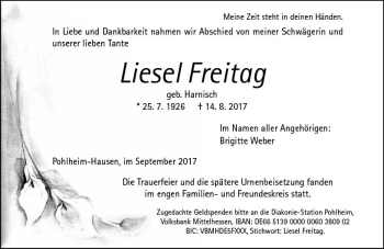 Traueranzeige von Liesel Freitag von  Gießener Anzeiger