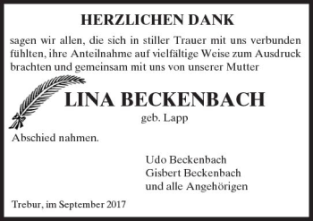 Traueranzeige von Lina Beckenbach von Trauerportal Rhein Main Presse