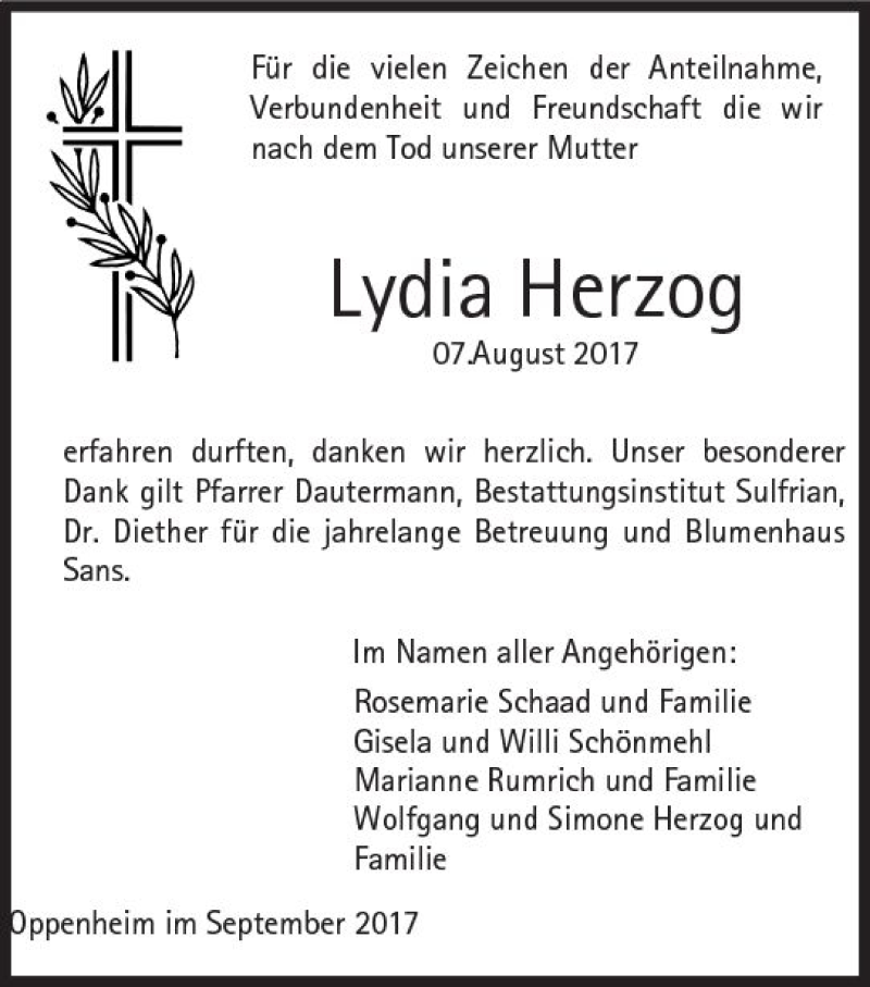  Traueranzeige für Lydia Herzog vom 23.09.2017 aus Trauerportal Rhein Main Presse