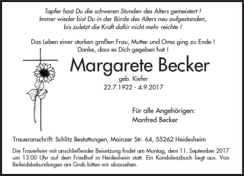 Traueranzeige von Margarete Becker von Trauerportal Rhein Main Presse