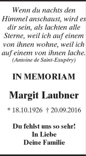 Traueranzeige von Margit Laubner von  Usinger Anzeiger