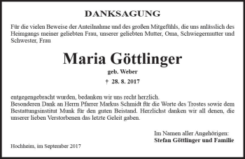 Traueranzeige von Maria Göttlinger von Trauerportal Rhein Main Presse