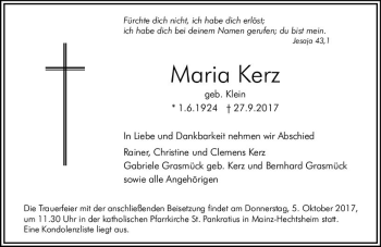 Traueranzeige von Maria Kerz von Trauerportal Rhein Main Presse