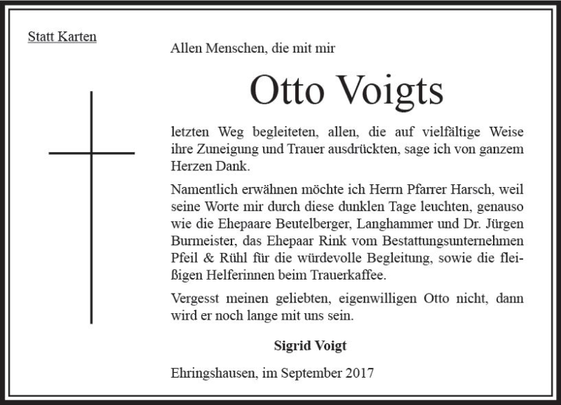  Traueranzeige für Otto Voigts vom 23.09.2017 aus VRM Trauer