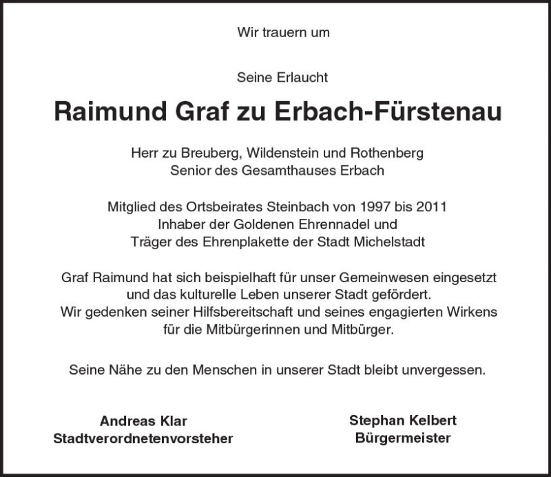  Traueranzeige für Raimund Graf zu Erbach-Fürstenau vom 09.09.2017 aus Trauerportal Echo Online