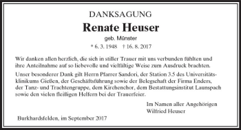 Traueranzeige von Renate Heuser von  Gießener Anzeiger