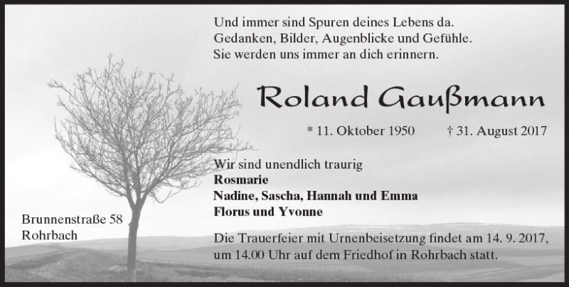  Traueranzeige für Roland Gaußmann vom 09.09.2017 aus Trauerportal Echo Online